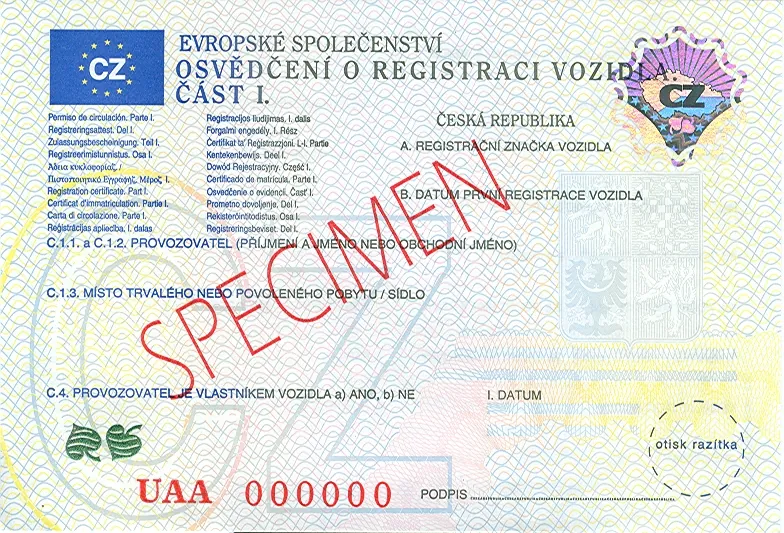 Osvědčení o registraci vozidla Část I. - přední strana